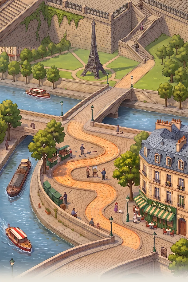 The painted Seine embankment with barges, a bridge and the Eiffel Tower.