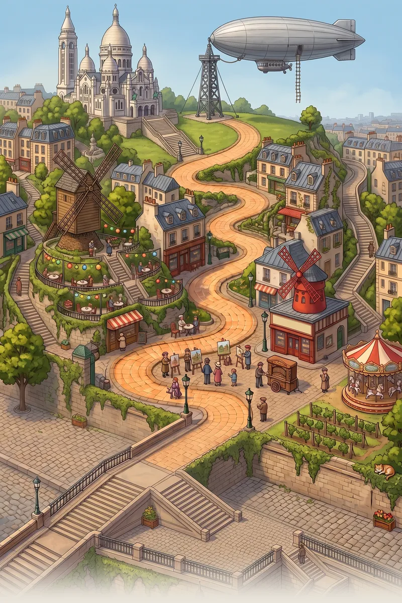 Painted Montmartre with a windmill, the Sacré-Cœur and an airship on its mast.