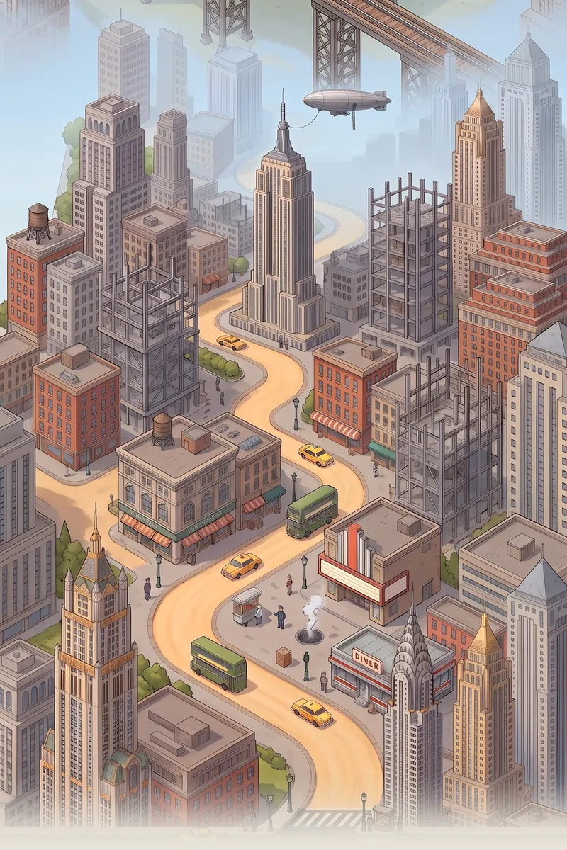 Painted Midtown Manhattan with art-deco towers, buses and yellow taxis.