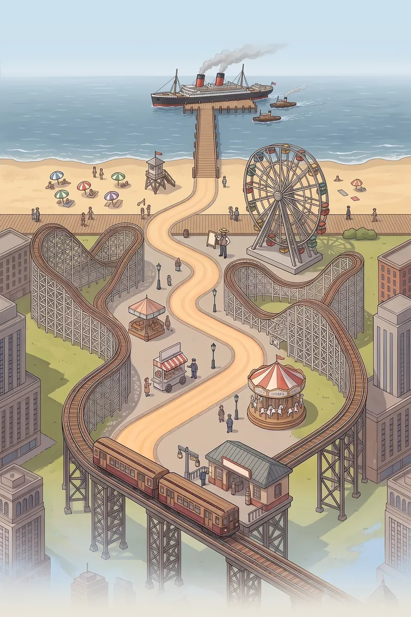 Painted Coney Island with a roller coaster, the Wonder Wheel, a carousel and the beach.