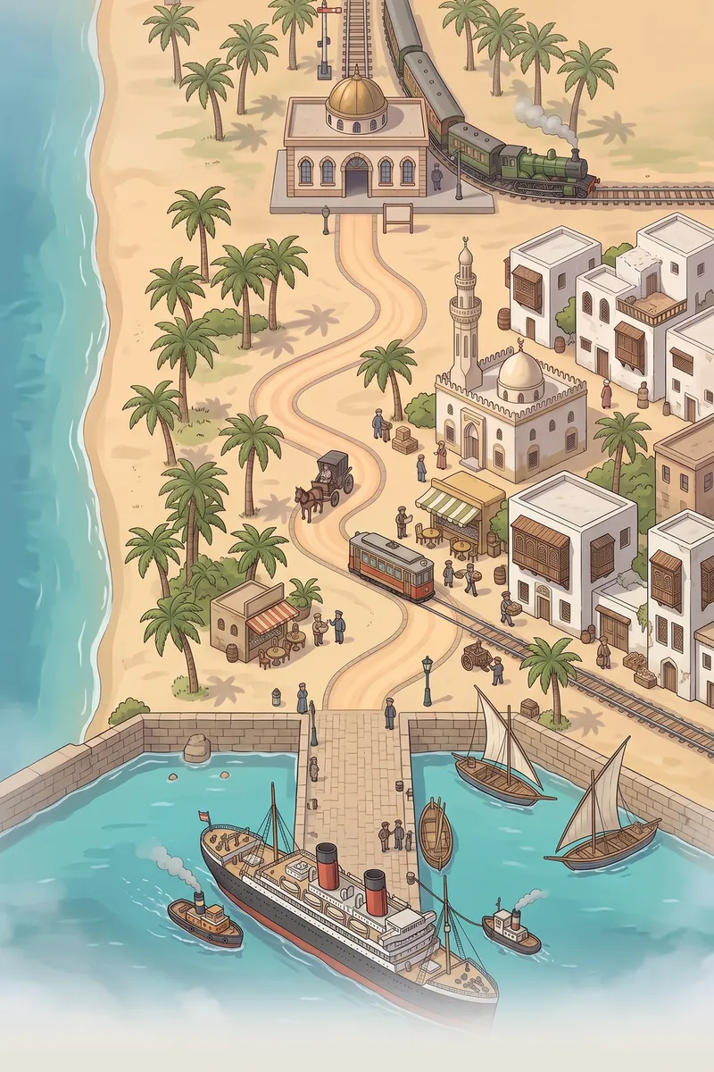 Painted Alexandria with palm trees, whitewashed houses, a mosque and a steam train.