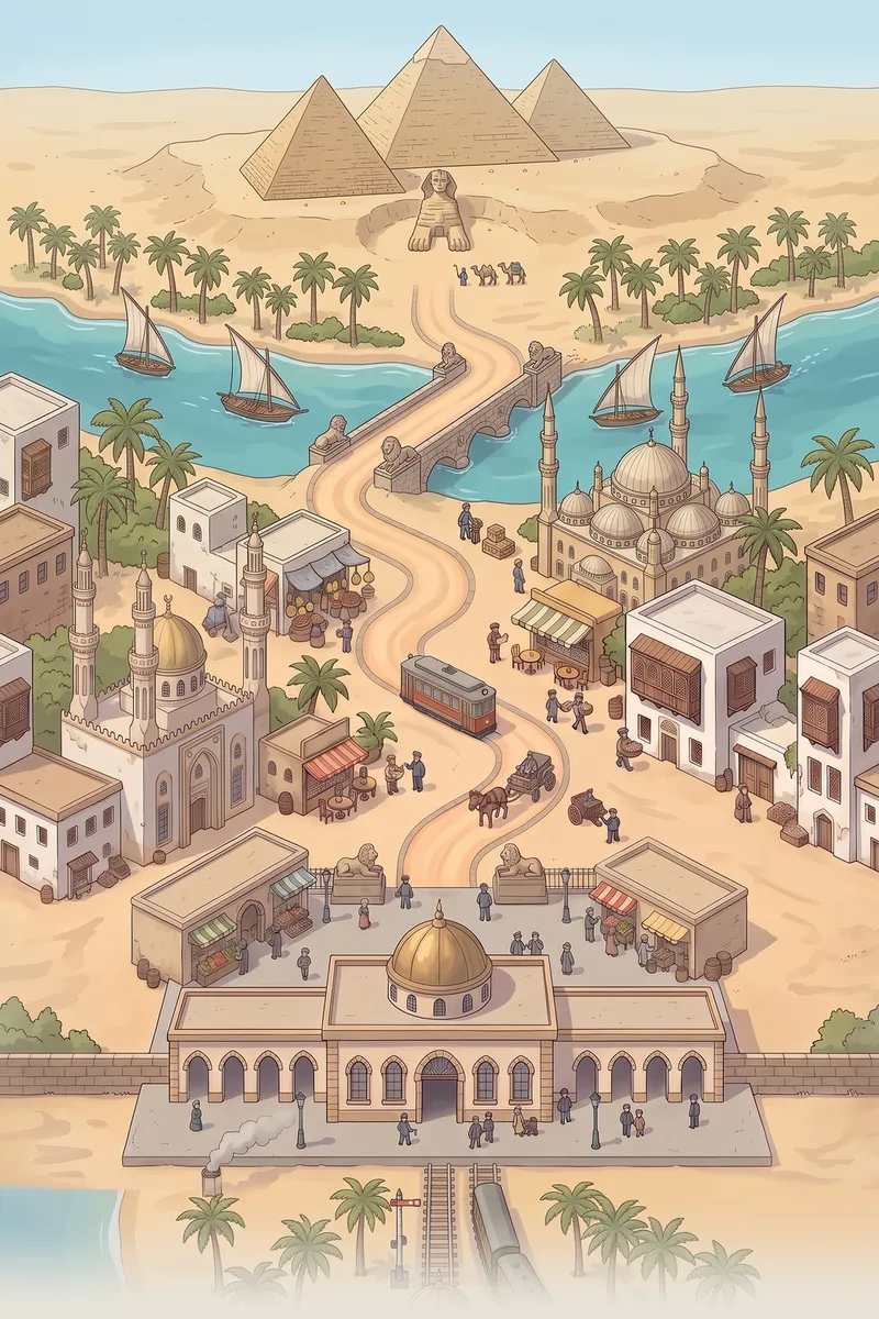 Painted Cairo with the Nile, feluccas, a bazaar and the pyramids of Giza.