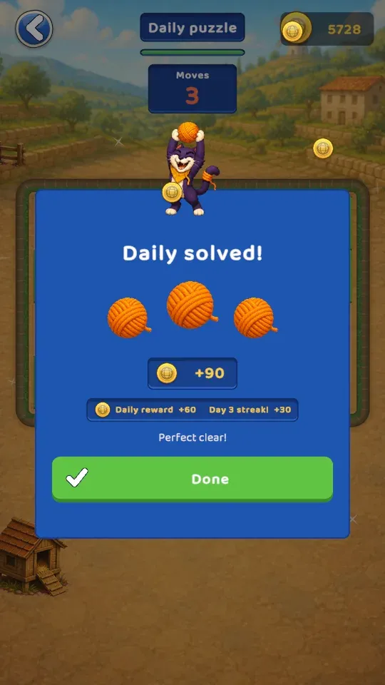 The daily puzzle solved: three yarn-ball stars and a coin reward.