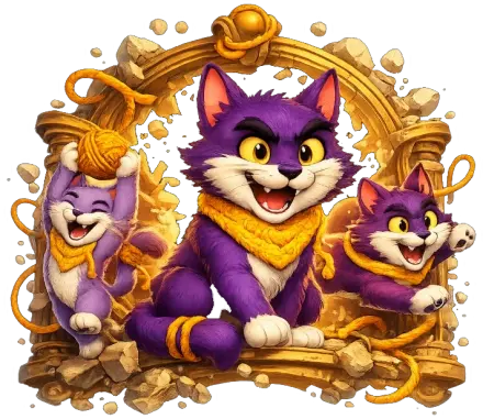 Plum the cat grinning in a golden frame, flanked by two friends — one holding a ball of yarn overhead.