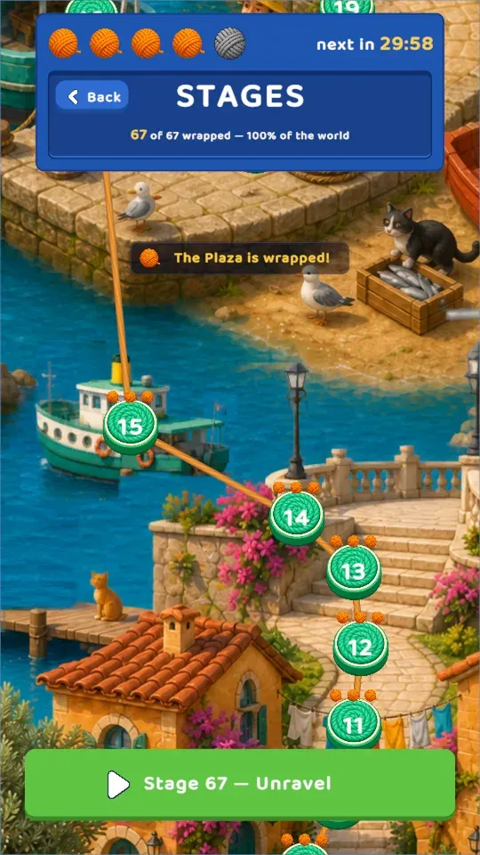 The stage map: a yarn road winding through a harbour town with numbered stage nodes.