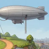 A silver airship drifting over the hills.